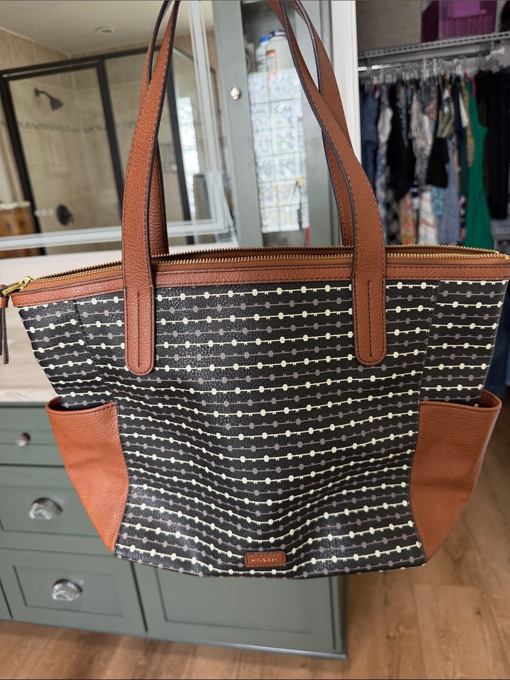 Fossil Black and White Patterned Tote with Brown Trim